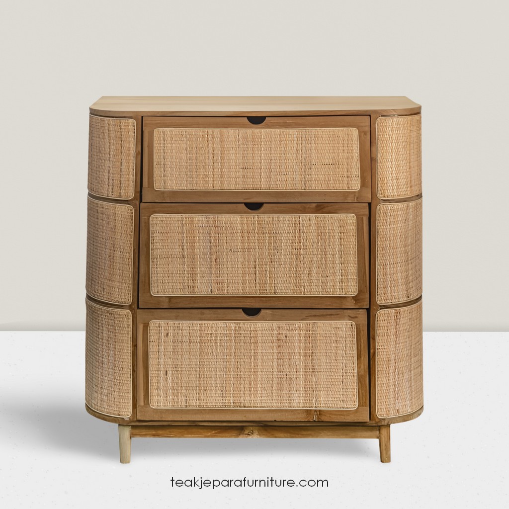 teak and rattan chest of drawer